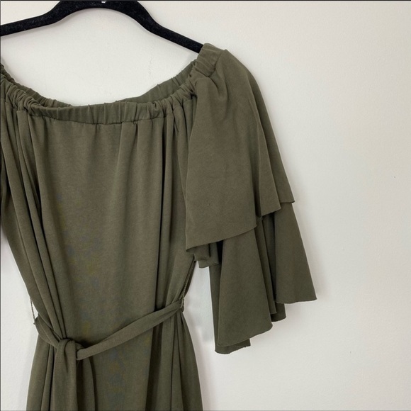 ANTHROPOLOGIE Sunday in Brooklyn Olive Off Shoulder Dress Casual Tie Waist SP - Picture 4 of 8
